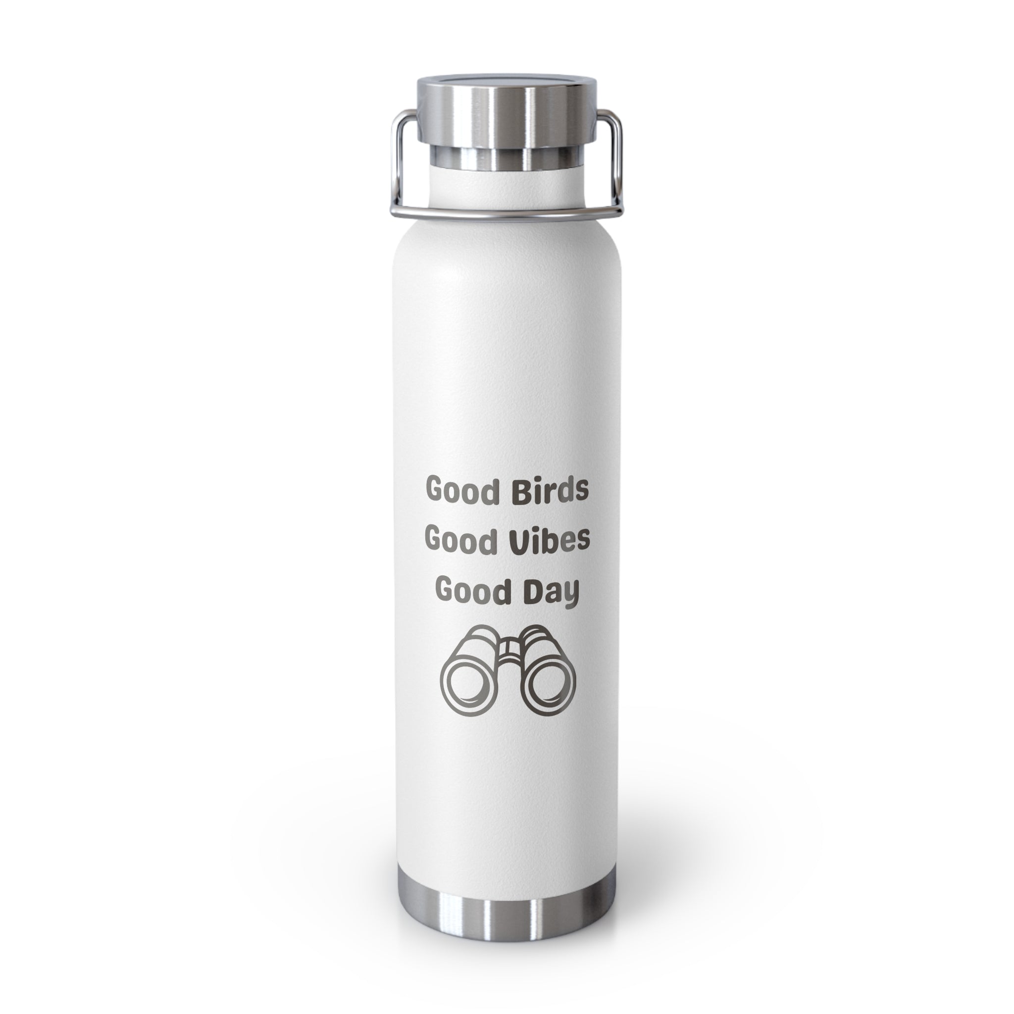Birding copper vacuum insulated water bottle 22oz in white with Good Birds Good Vibes Good Day design