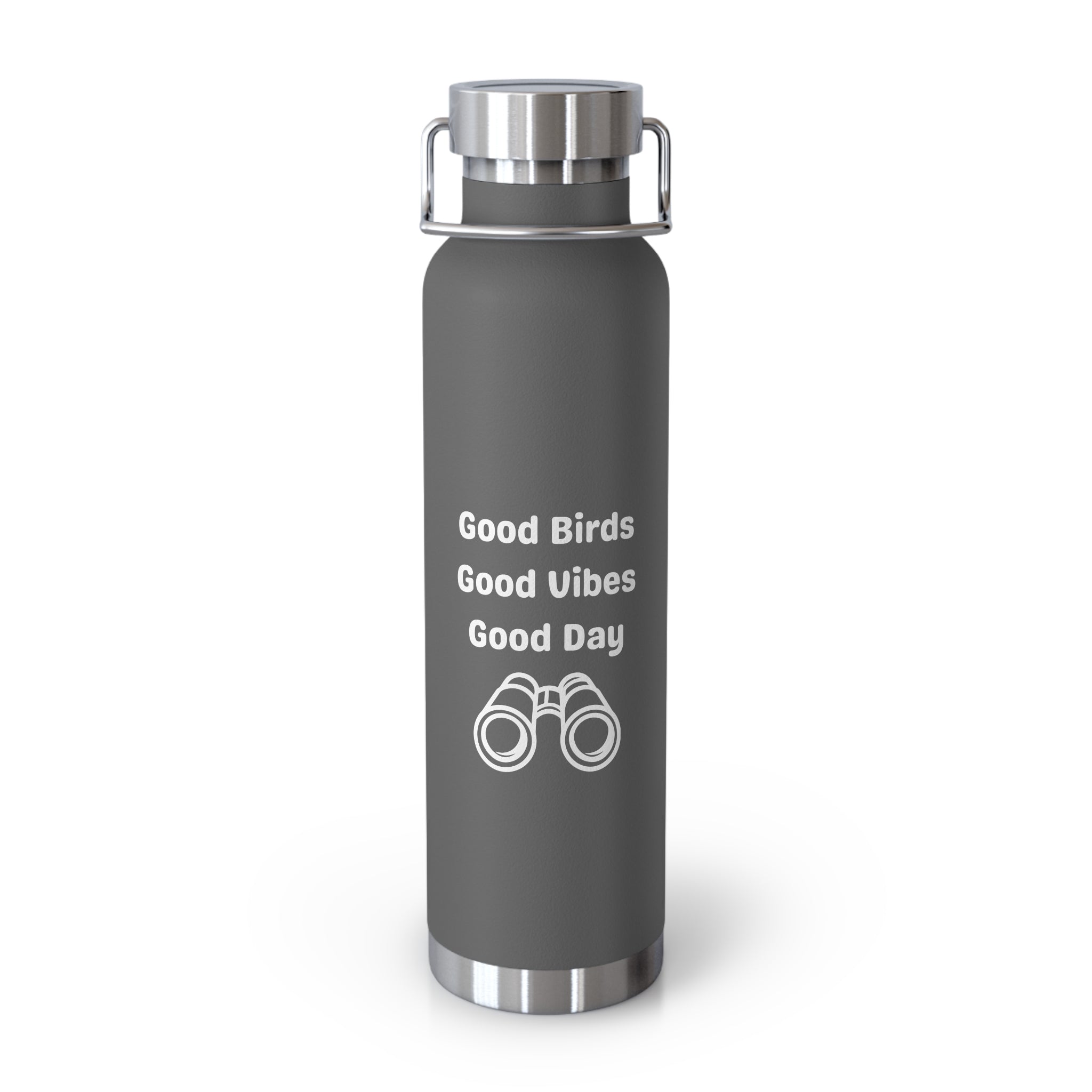 Birding copper vacuum insulated water bottle 22oz with a stylish design and positive message.