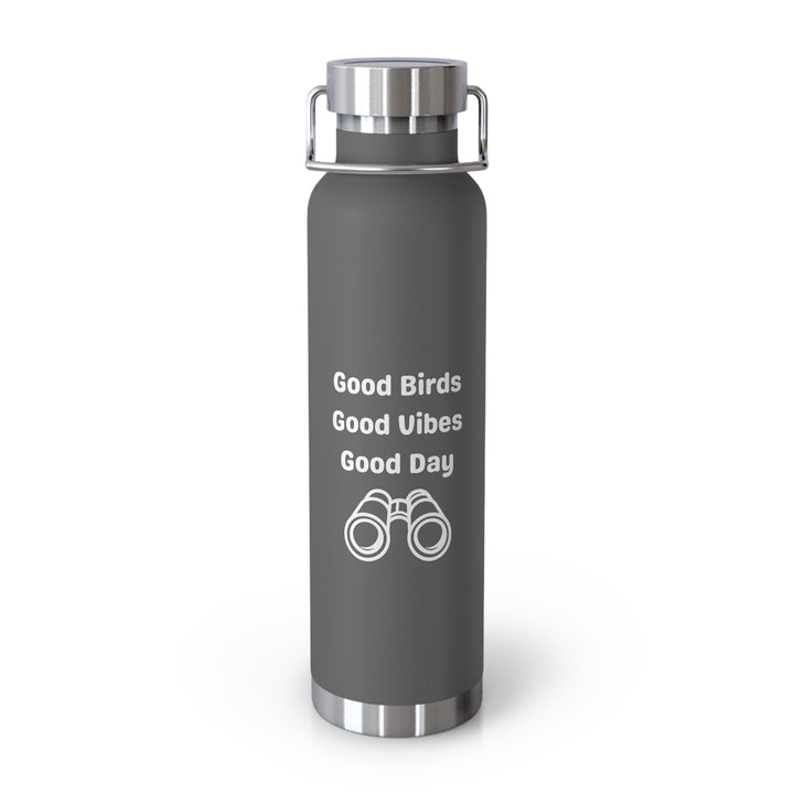 Birding copper vacuum insulated water bottle 22oz with a stylish design and positive message.