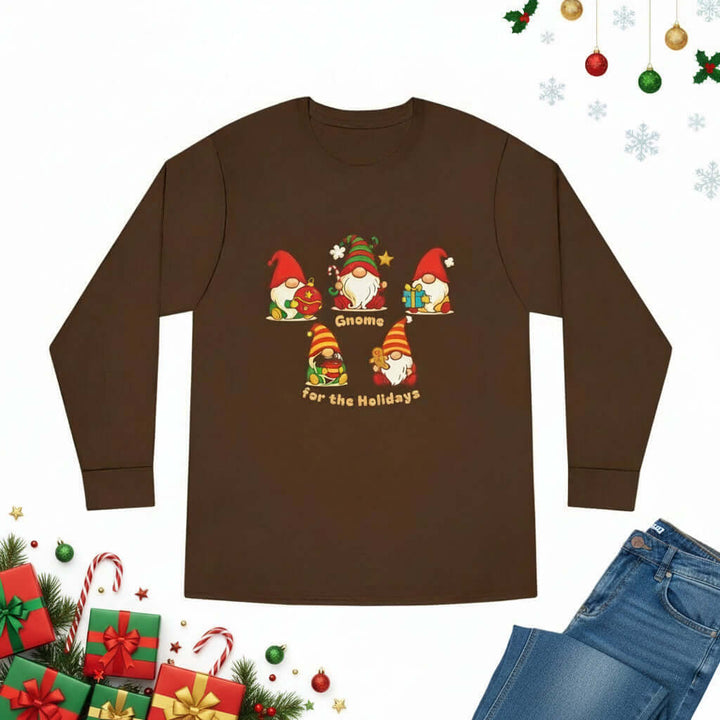 Brown long-sleeve shirt with Christmas gnome design on a white background