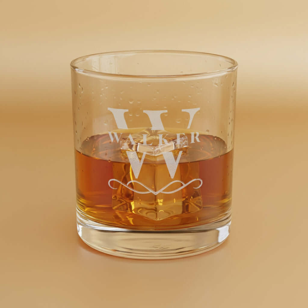 Whiskey glass with personalized, engraved text on a golden background