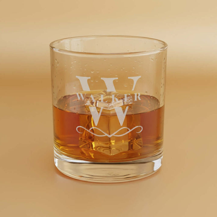 Whiskey glass with personalized, engraved text on a golden background