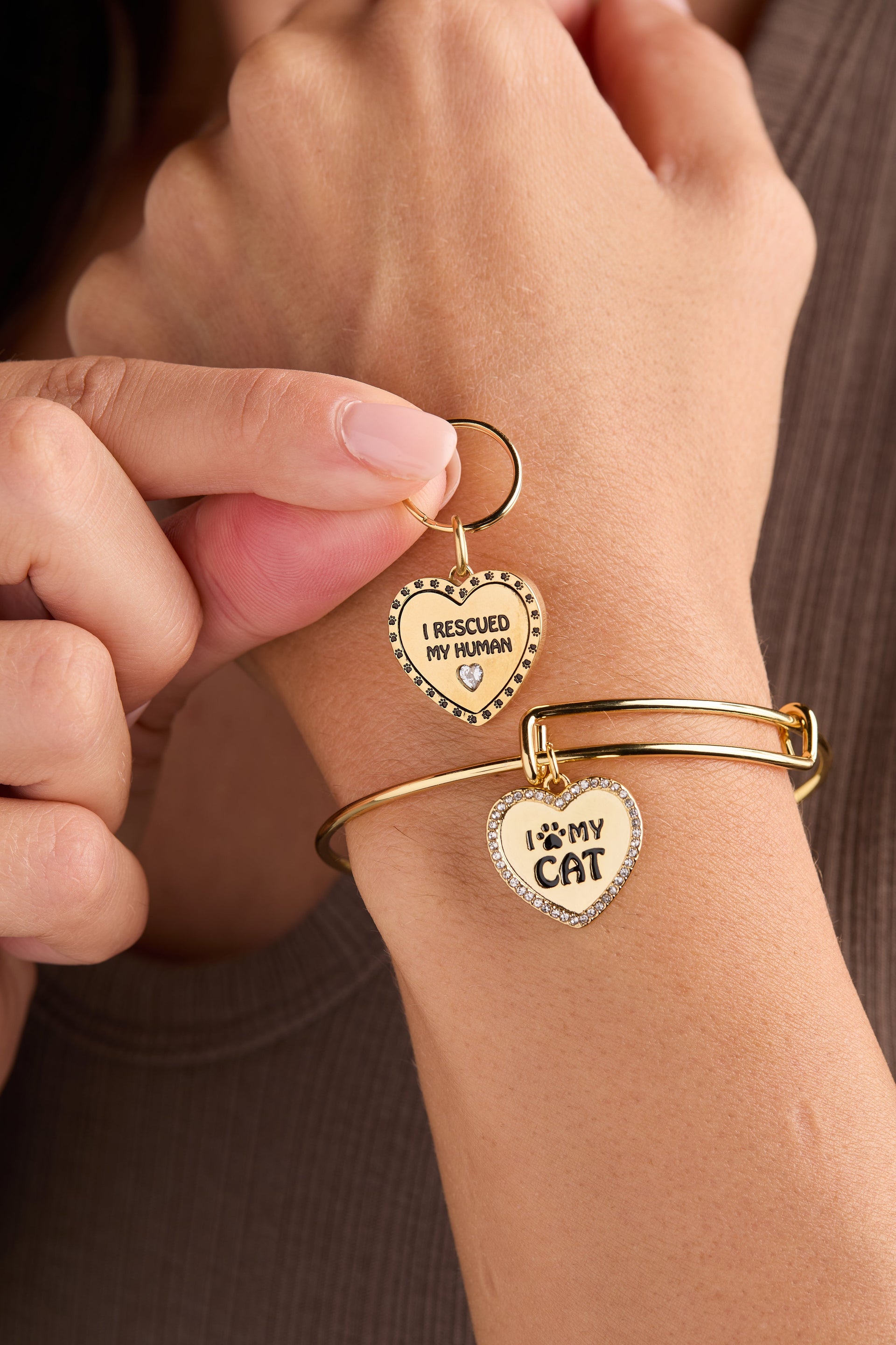 I Love My Cat bangle and pet collar charm from the cat lover charm set, showcasing heartfelt pet-themed designs.