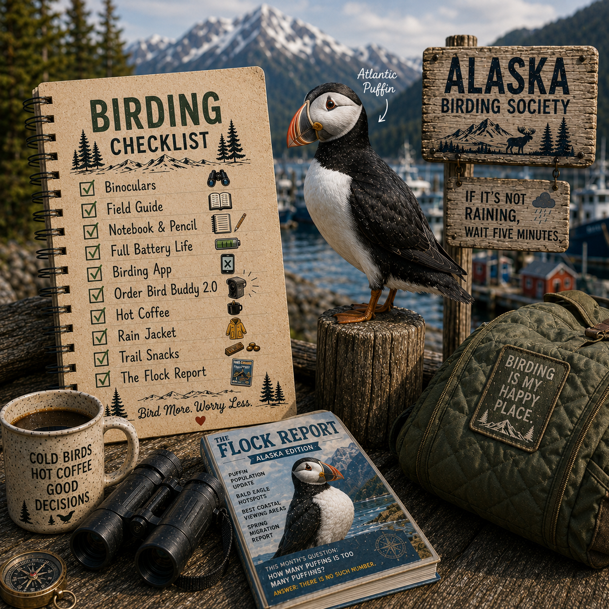Birding gear and items with a puffin, notebook, and coffee cup on a wooden surface with mountains in the background.