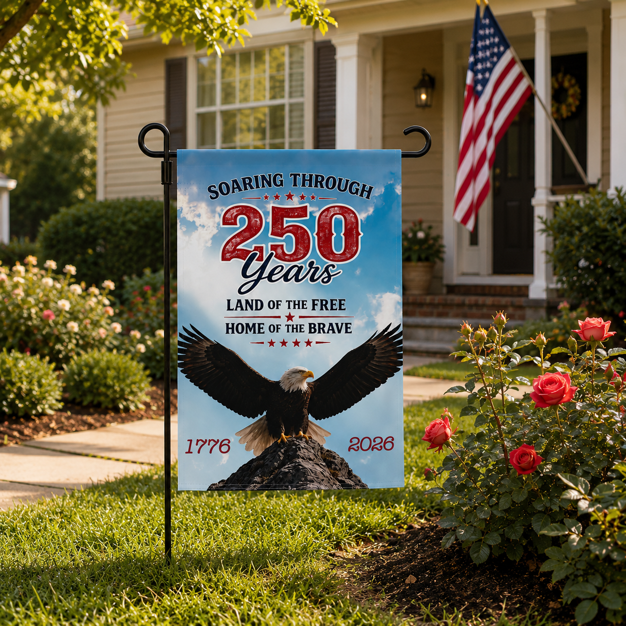 America 250 patriotic garden flag featuring a bald eagle and text  "Land of the Free Home of the Brave", celebrating 250 years of American history.