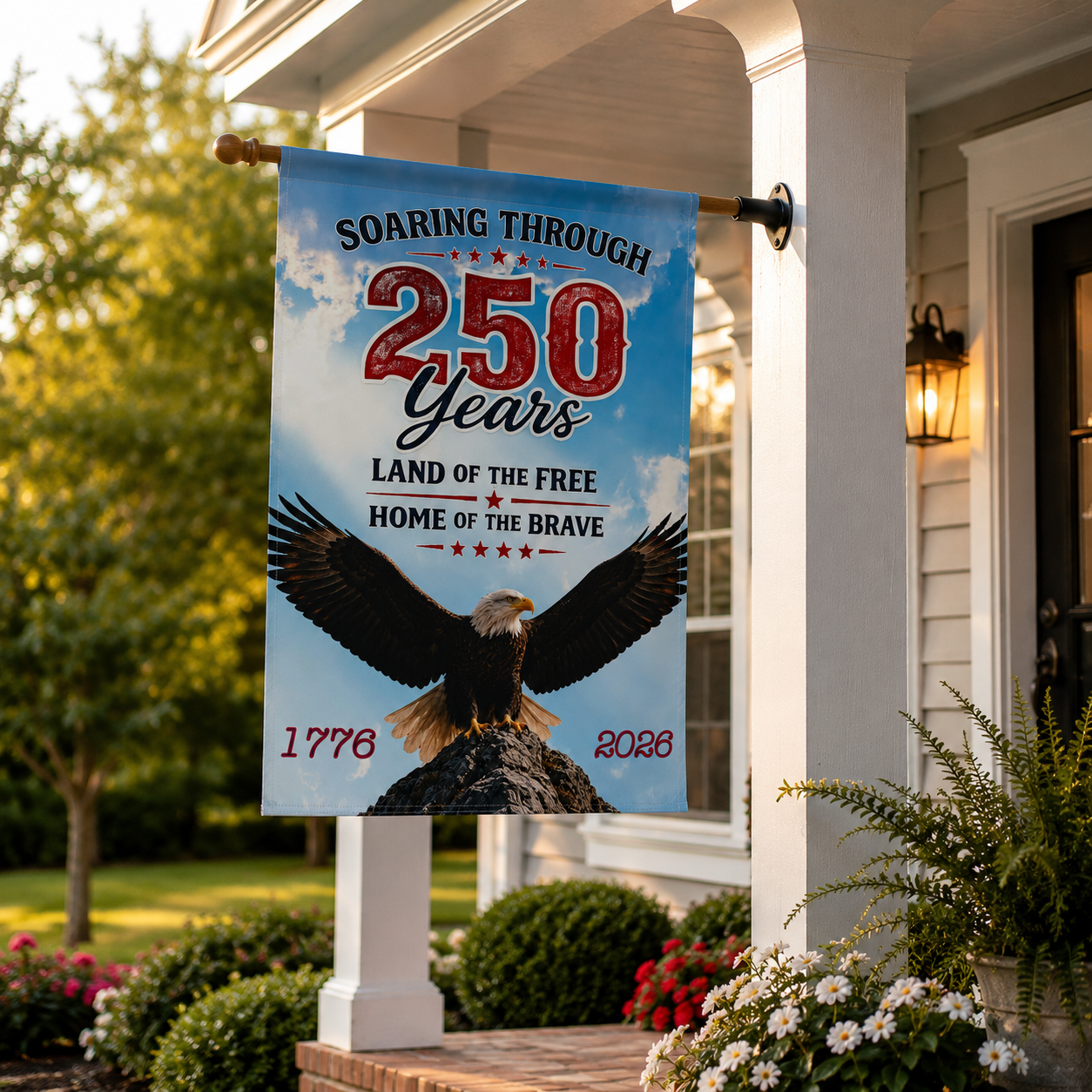 America 250 patriotic House Banner featuring a bald eagle, celebrating 250 years of American history.