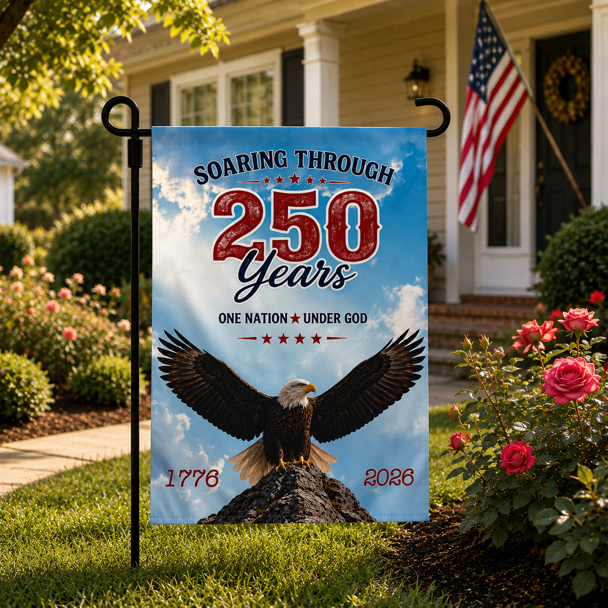 America 250 patriotic garden flag featuring a bald eagle and text "One Nation Under God" celebrating 250 years of American history.