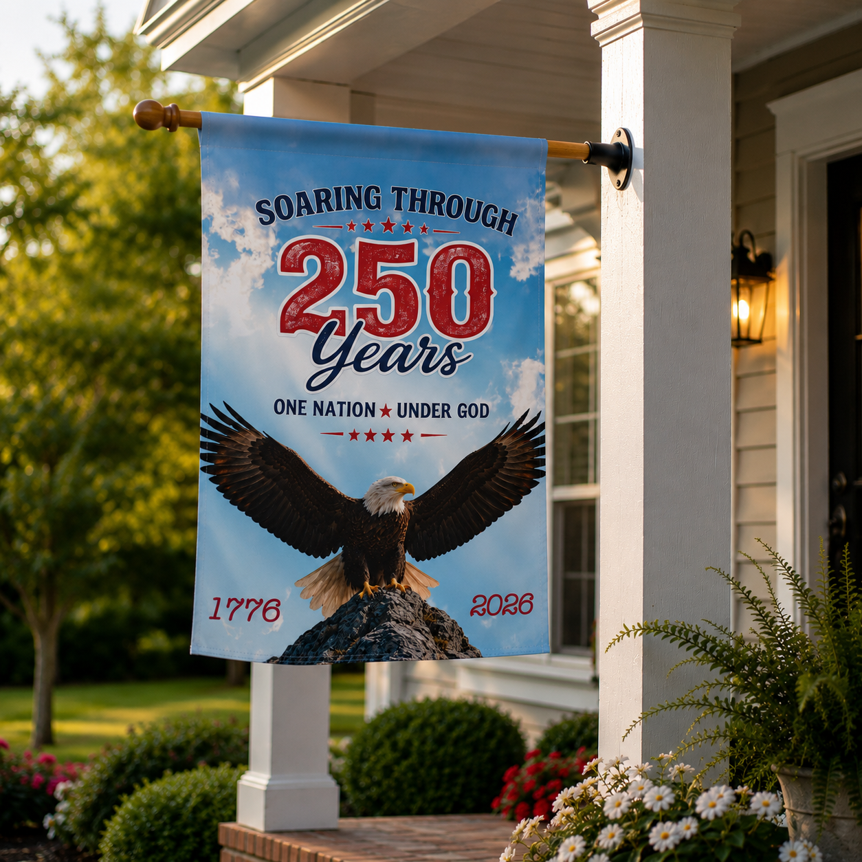 America 250 patriotic House Banner displaying a bald eagle with vintage lettering stating "One Nation Under God" celebrating 250 years of history.