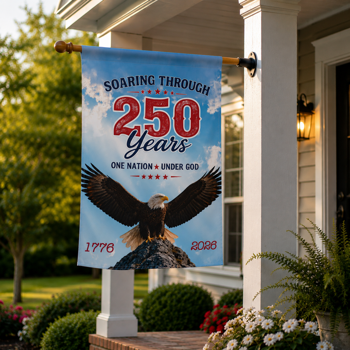 America 250 patriotic House Banner displaying a bald eagle with vintage lettering stating "One Nation Under God" celebrating 250 years of history.