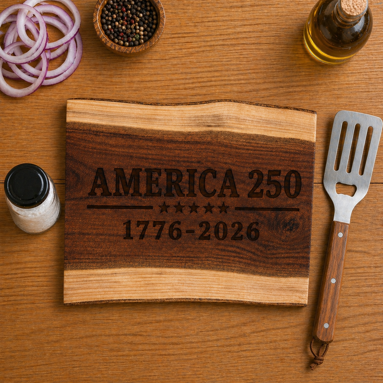 Engraved black walnut cutting board with America 250 and 1776-2026 design on wooden table surrounded by onion rings, peppercorn bowl, salt jar, olive oil bottle, and BBQ spatula.