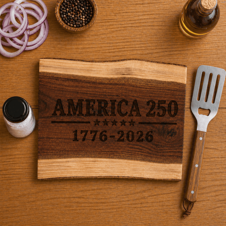 Personalized black walnut cutting board featuring America 250 engraving, perfect for serving and gifting.