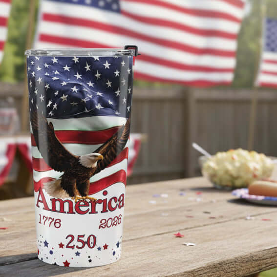 Patriotic eagle tumbler featuring USA flag wrap design for America’s 250th anniversary