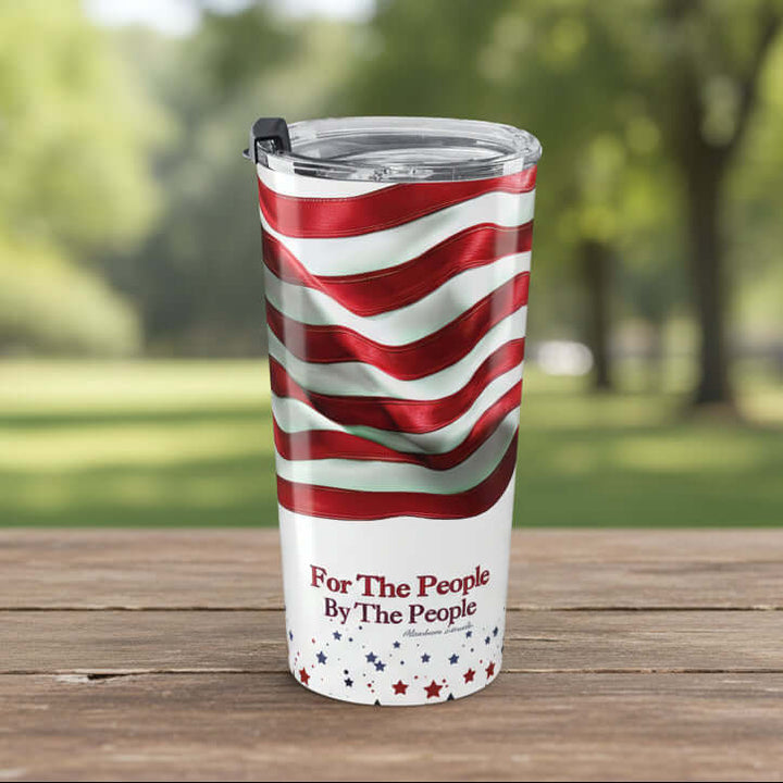 Close-up of America 250 patriotic tumbler with vibrant full-wrap print