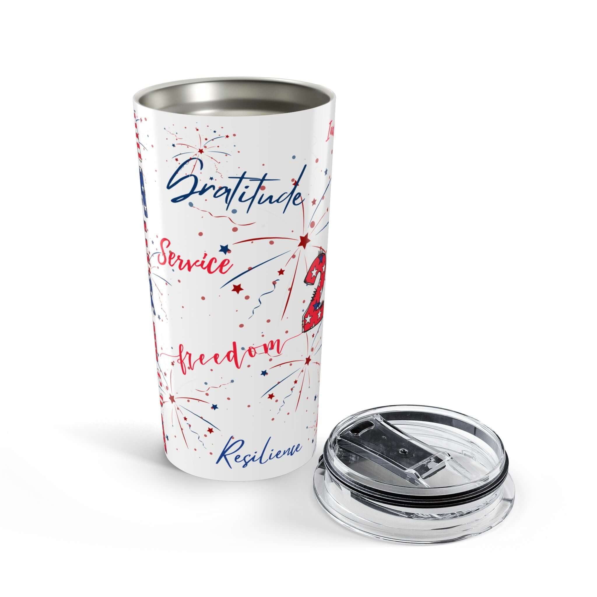 America 250 patriotic travel mug with festive design and lid, perfect for showing American pride.