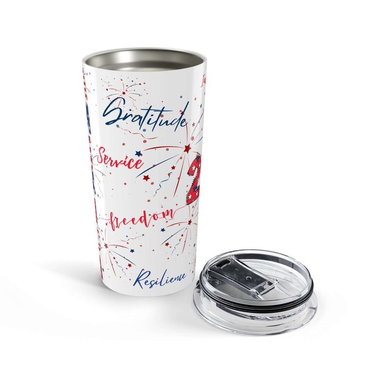 America 250 patriotic travel mug with festive design and lid, perfect for showing American pride.