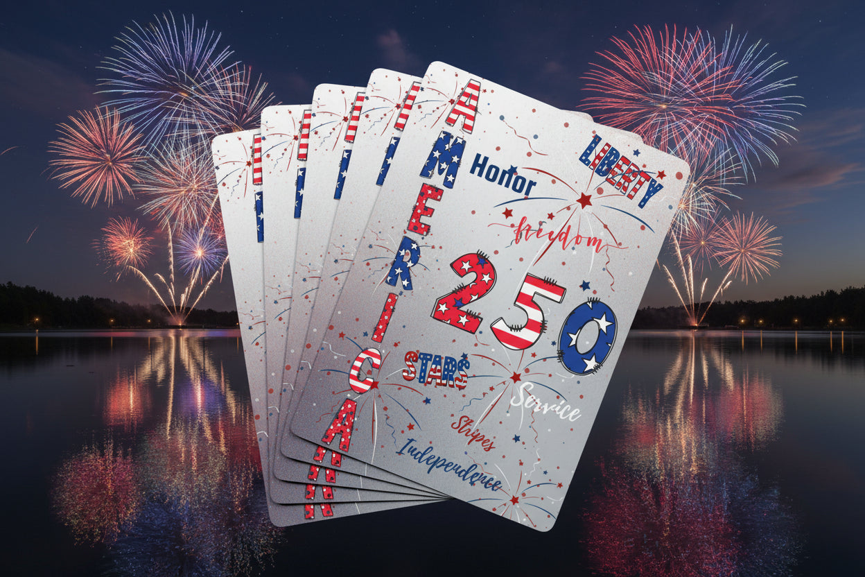 Set of cards with American 250 patriotic design on a 4th of July themed background