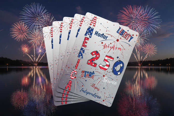 Set of cards with American 250 patriotic design on a 4th of July themed background