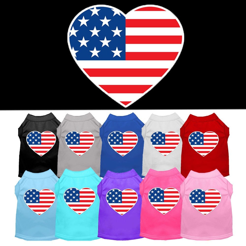Collection of pet shirts with American flag heart design above a black background
