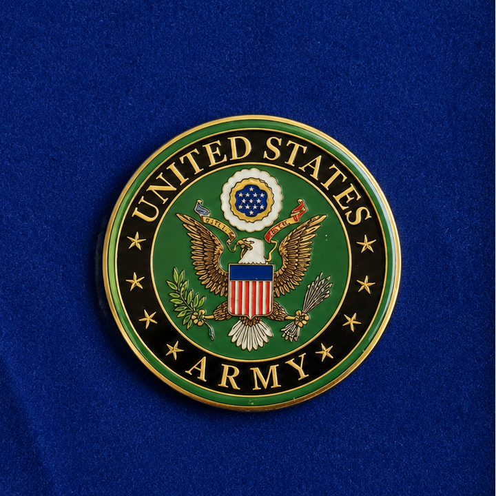 United States Army emblem featuring an eagle and green background on a coin design.