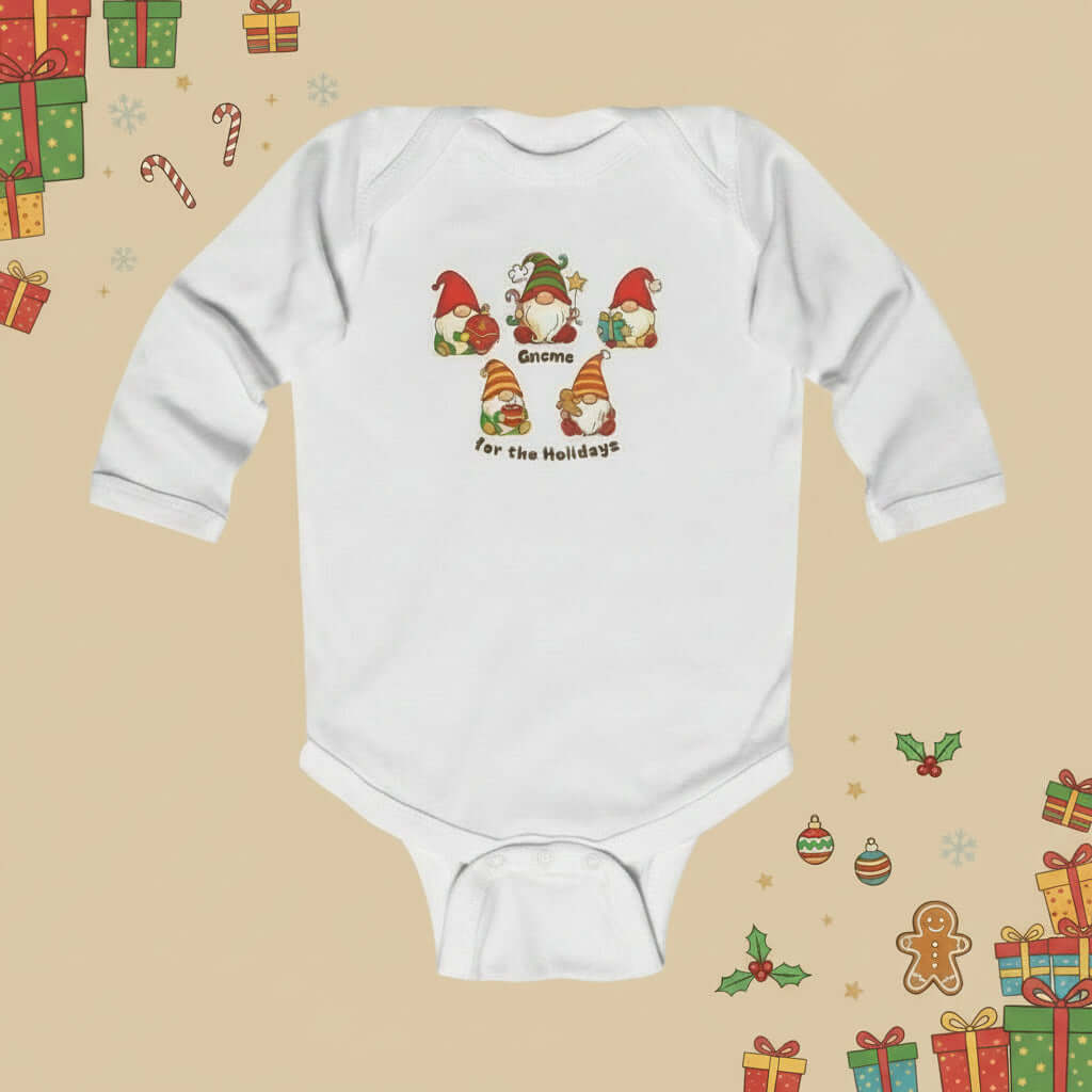 White baby onesie with gnome design 