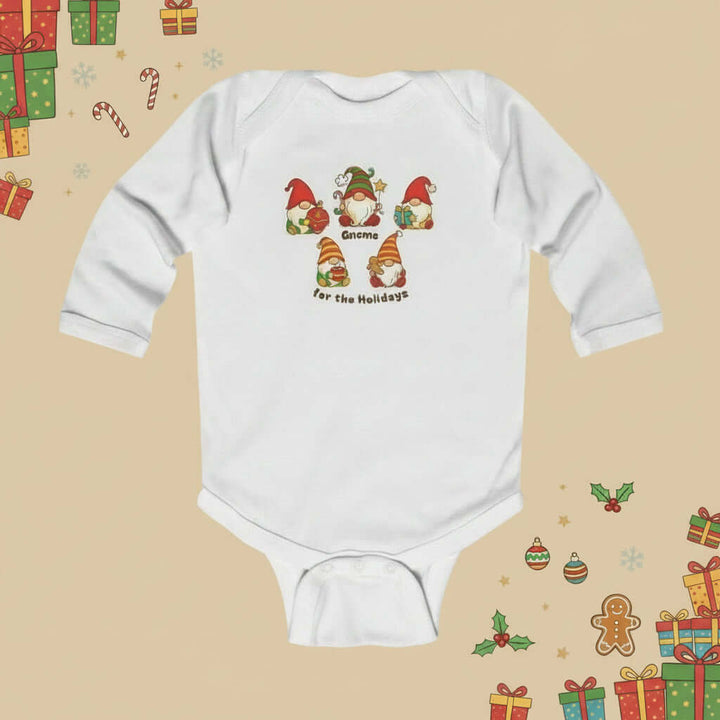 White baby onesie with gnome design 