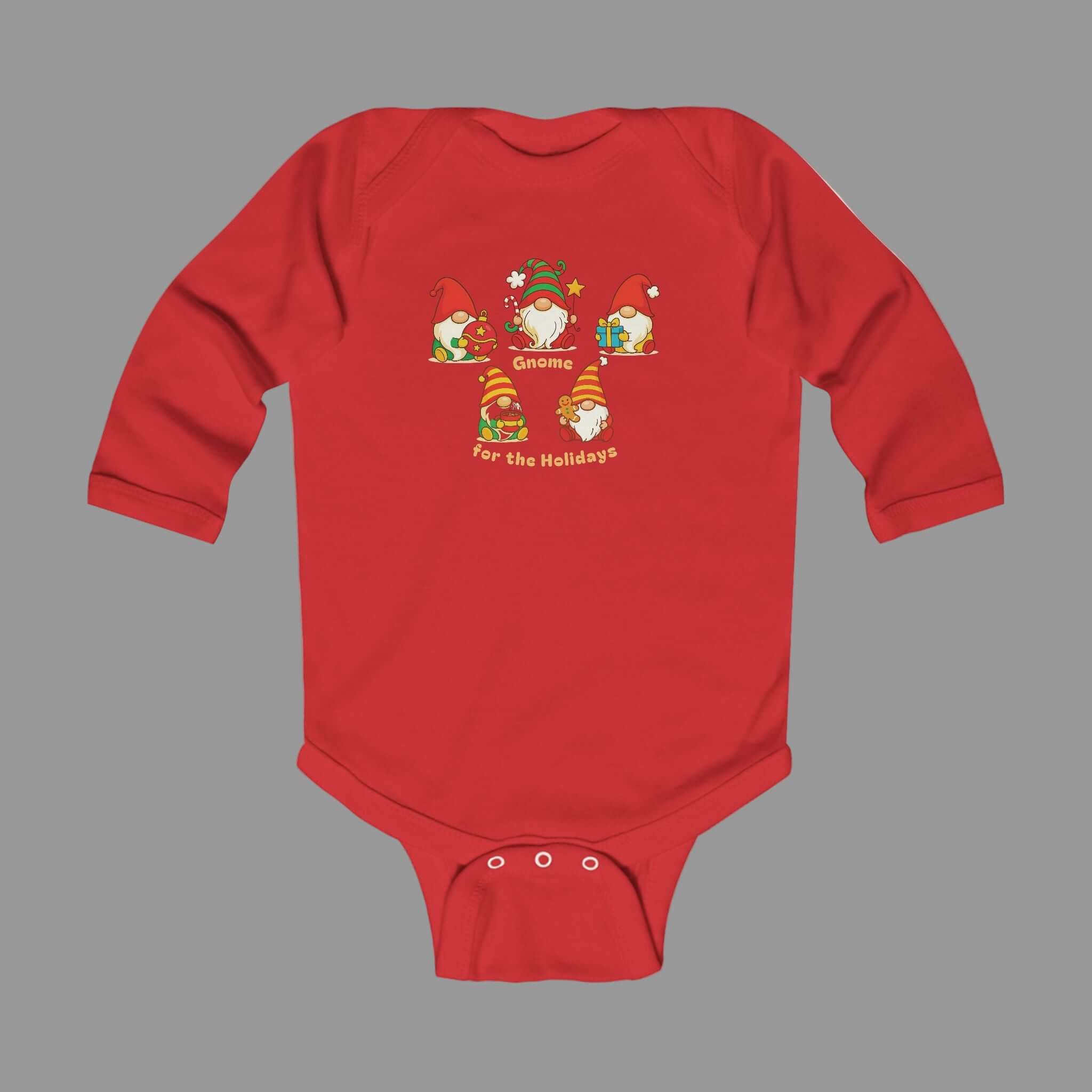 Red baby onesie with Christmas-themed design 