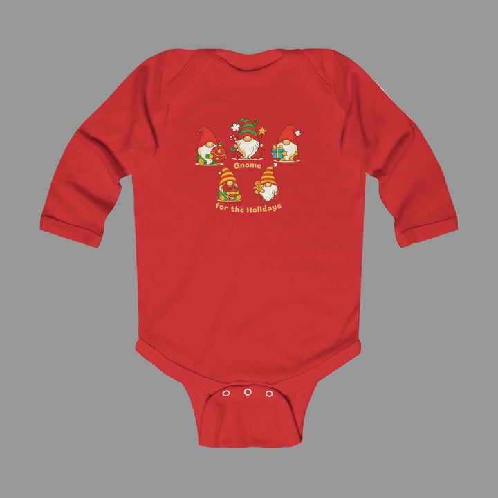 Red baby onesie with Christmas-themed design 