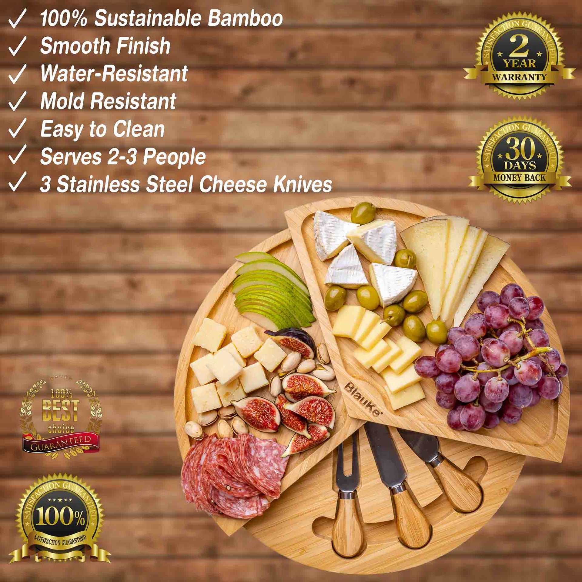 Wooden charcuterie board with cheese, fruits, and meats on a wooden background with product features listed.