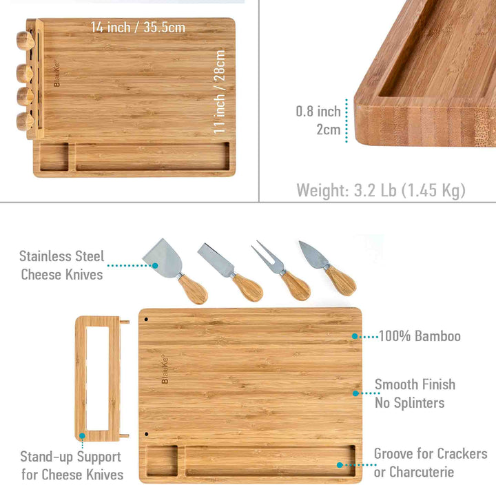 Bamboo cheese board set with knives and measurements on a white background