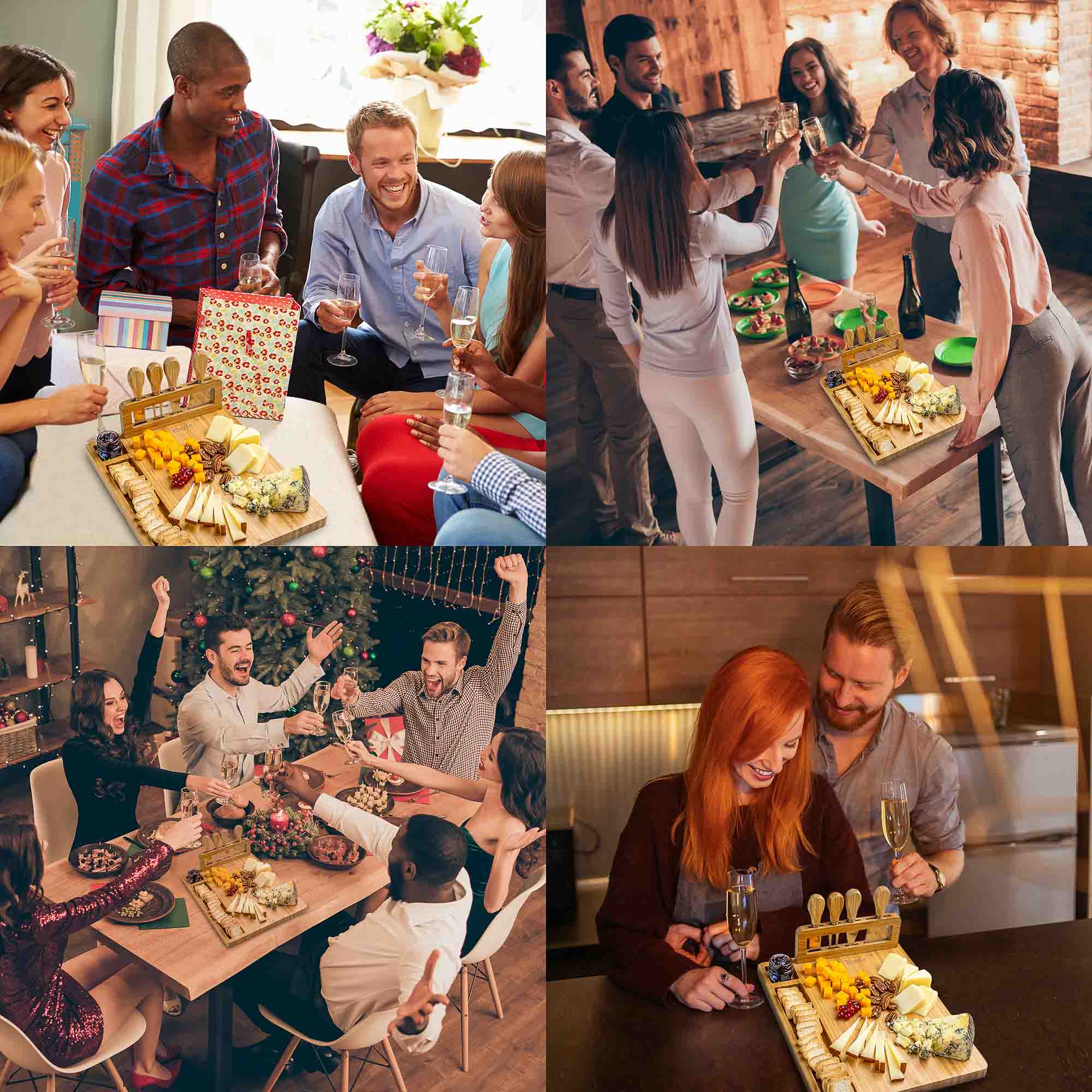 Collage of people enjoying a festive gathering with food and drinks.