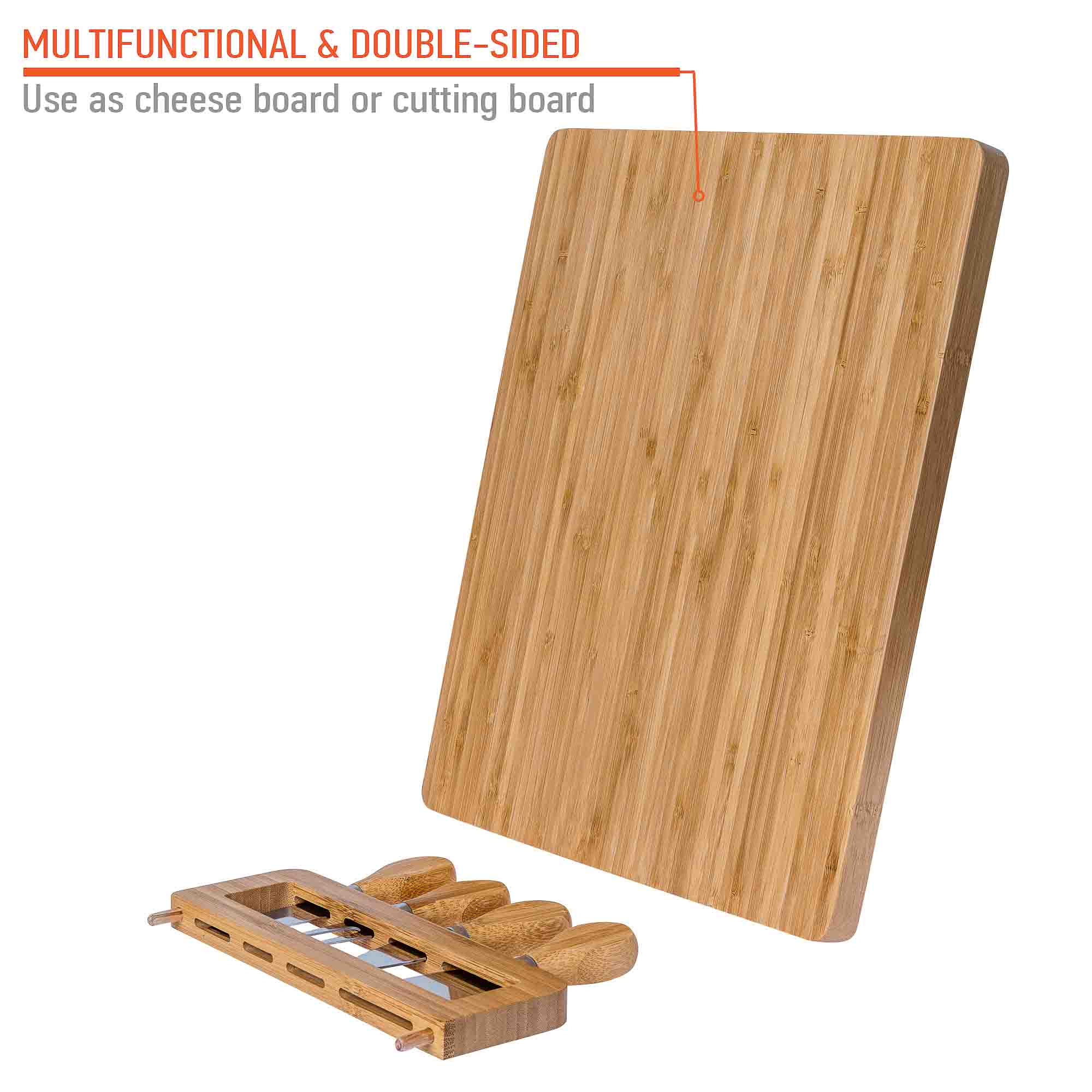 Wooden cutting board with knife holder on a white background