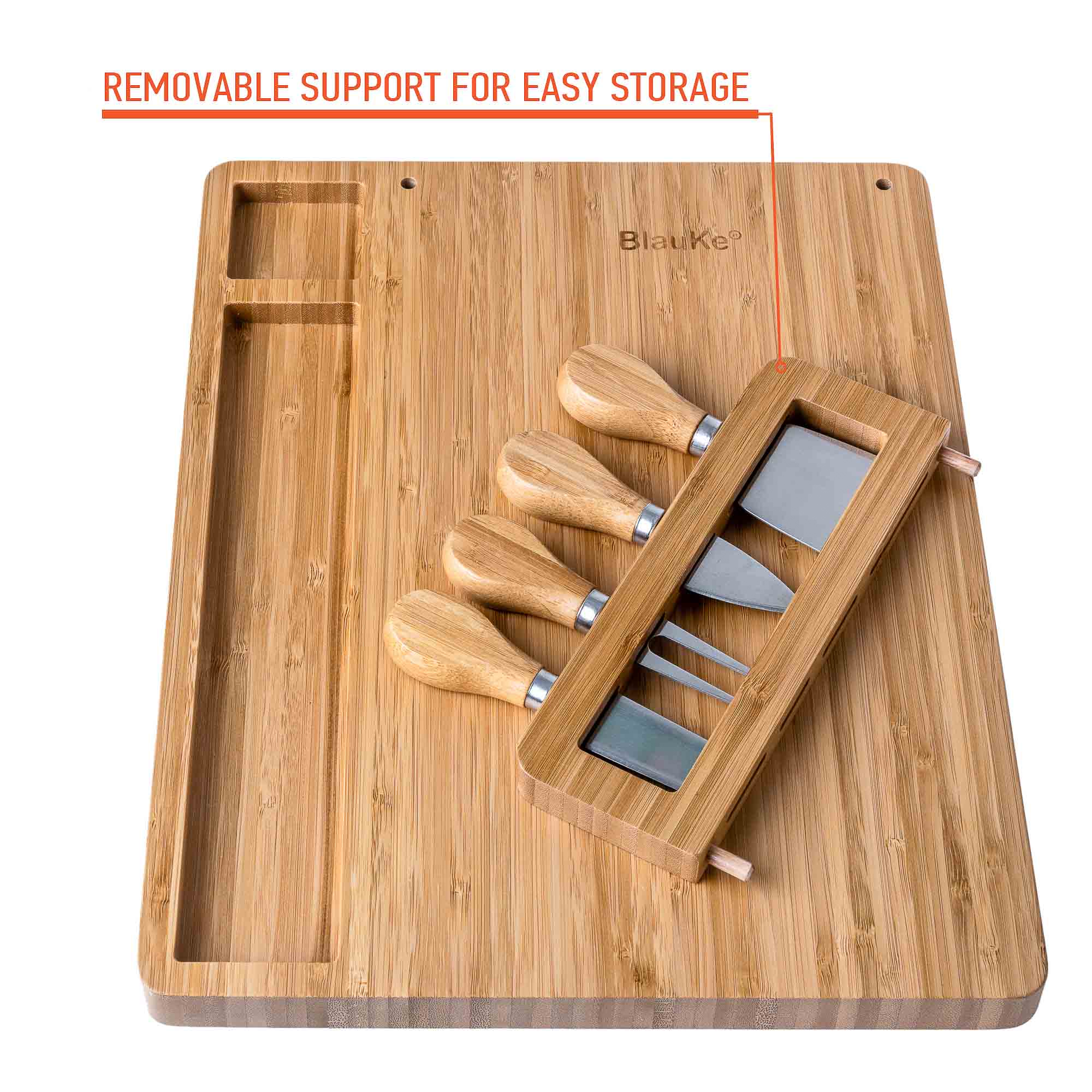 Wooden cutting board with cheese knives and a removable support for easy storage.