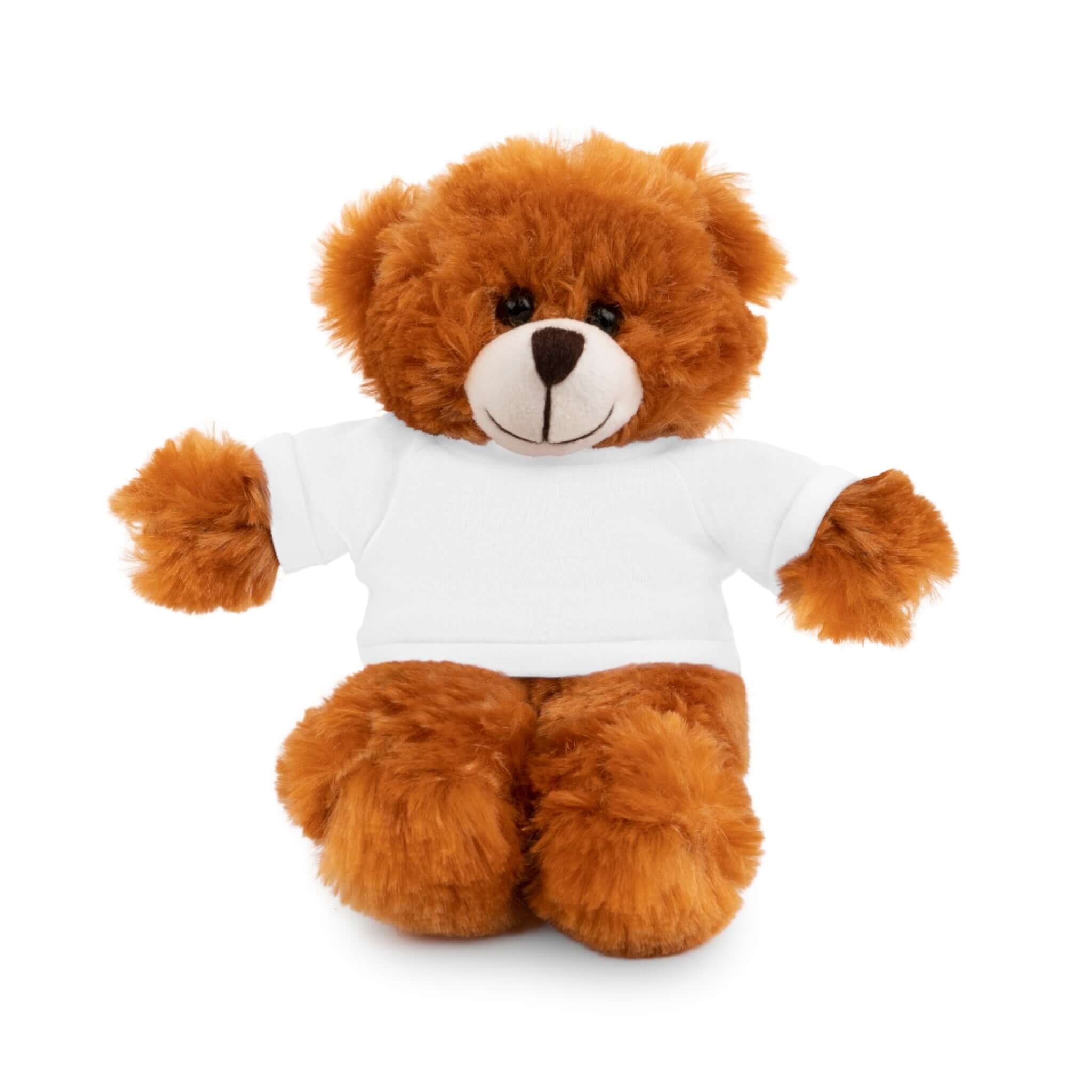 Brown teddy bear wearing a white shirt with a blue and red star design on a white background