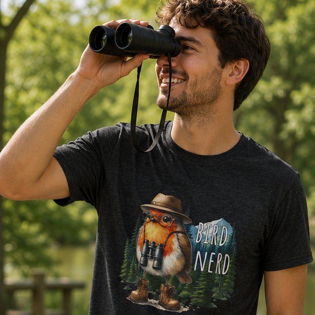 Man wearing a personalized t-shirt with custom graphics featuring a bird and binoculars.