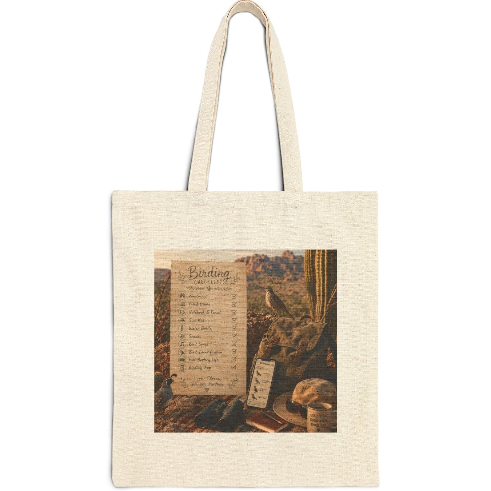 Birding checklist tote bag desert with checklist, set against a desert backdrop, perfect for birdwatching adventures.