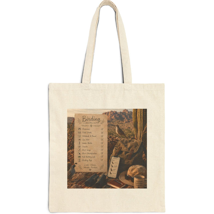 Birding checklist tote bag desert with checklist, set against a desert backdrop, perfect for birdwatching adventures.