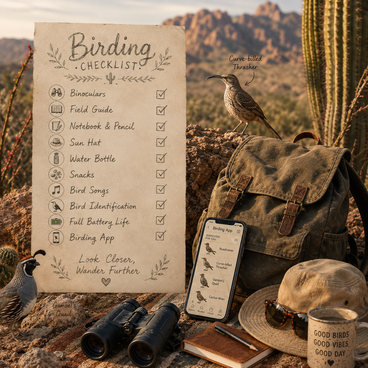 Birding checklist with binoculars, backpack, and desert scenery for birding checklist tote bag desert.