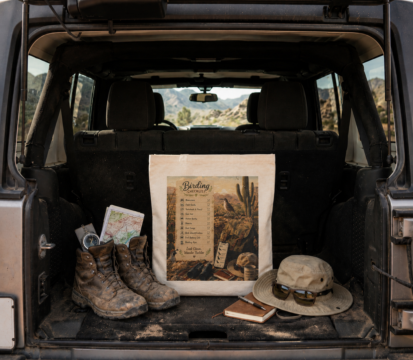 Birding checklist tote bag desert inside a vehicle trunk with hiking boots, map, hat, and notebook.