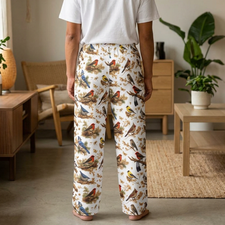 Rear view of person wearing Women's birding print pajama pants with colorful birds on a white background, perfect for lounging.