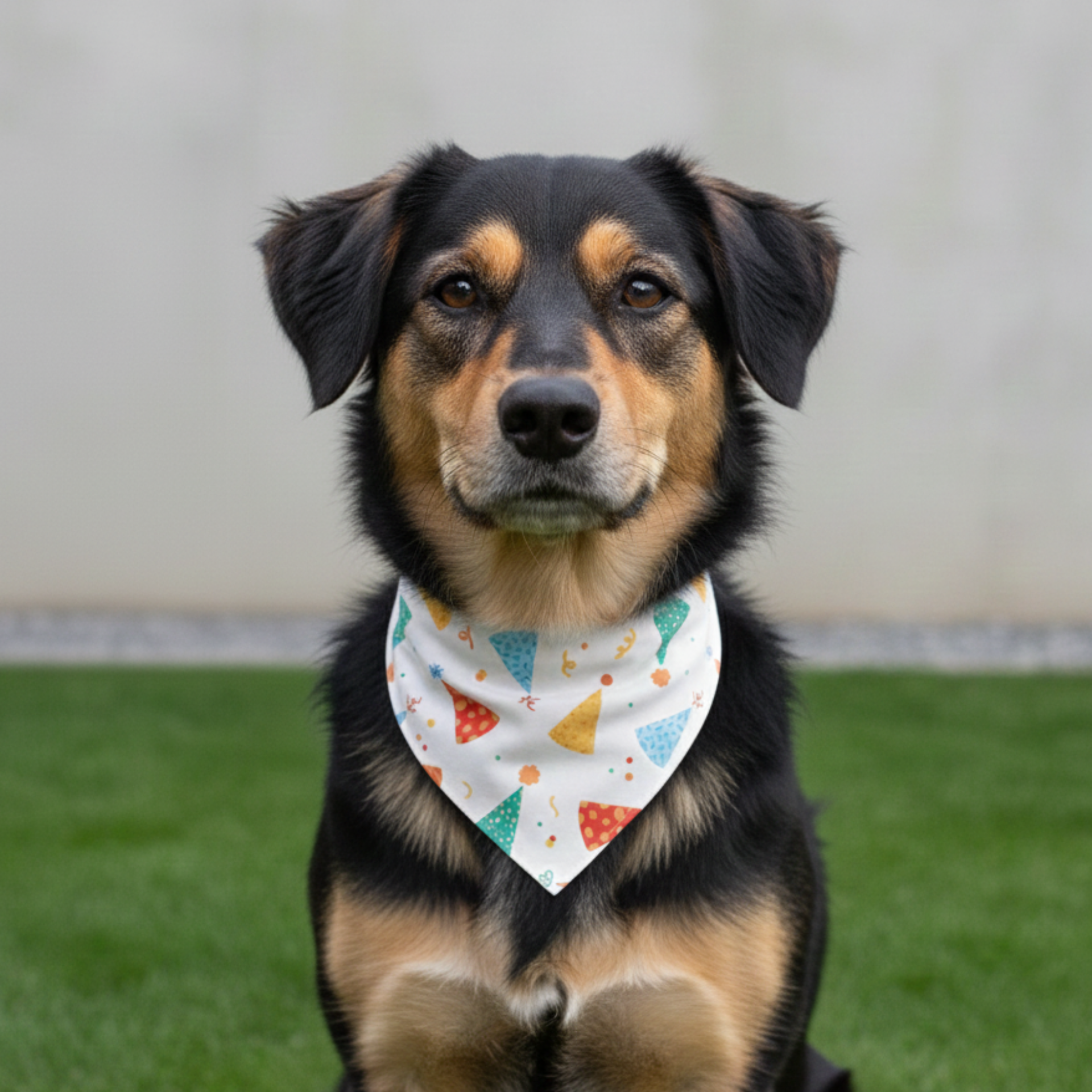 Dog wearing birthday bandana for puppy birthday party