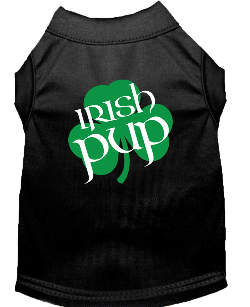 Black pet shirt with 'Irish Pup' text and green shamrock design on a white background