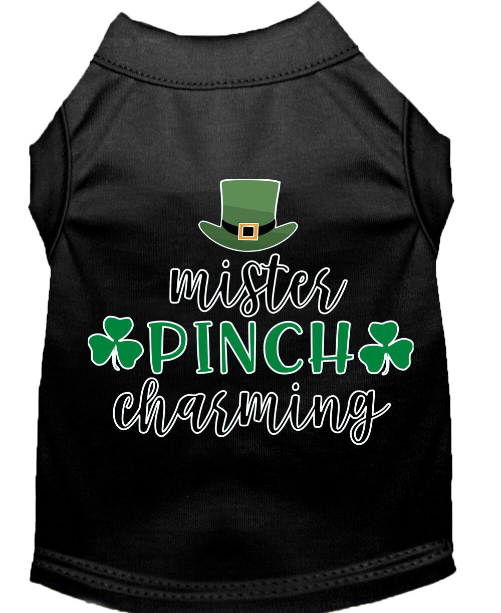 Black pet shirt with St. Patrick's Day design featuring a green hat and text.