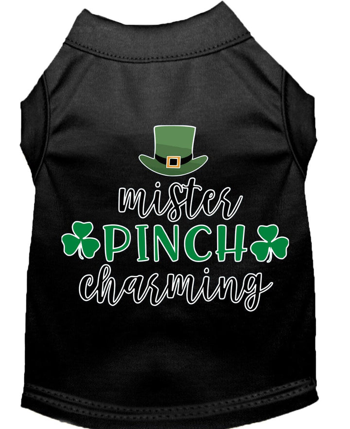 Black pet shirt with St. Patrick's Day design featuring a green hat and text.