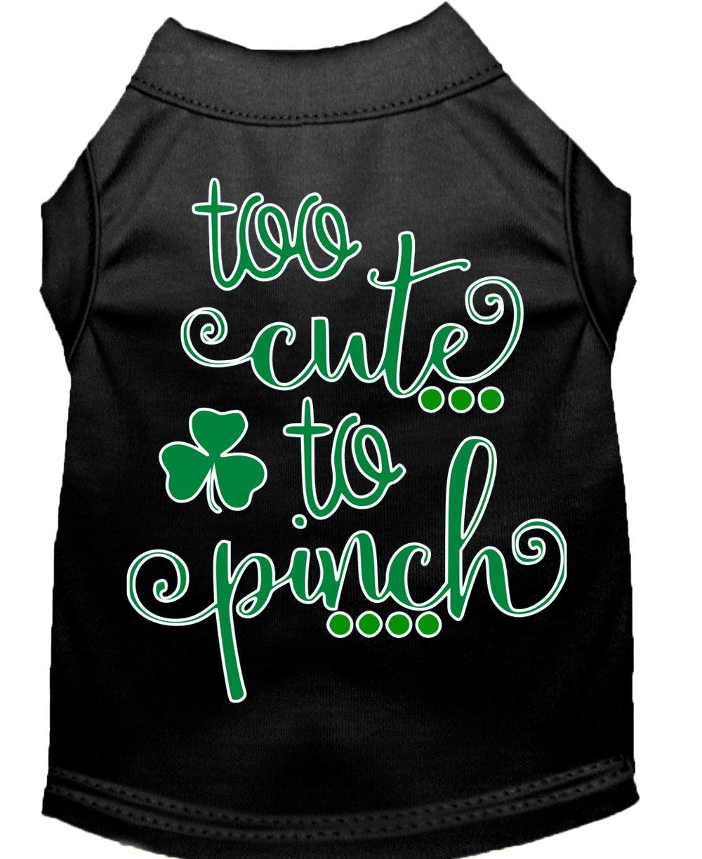 Black pet shirt with green text and a shamrock on a white background