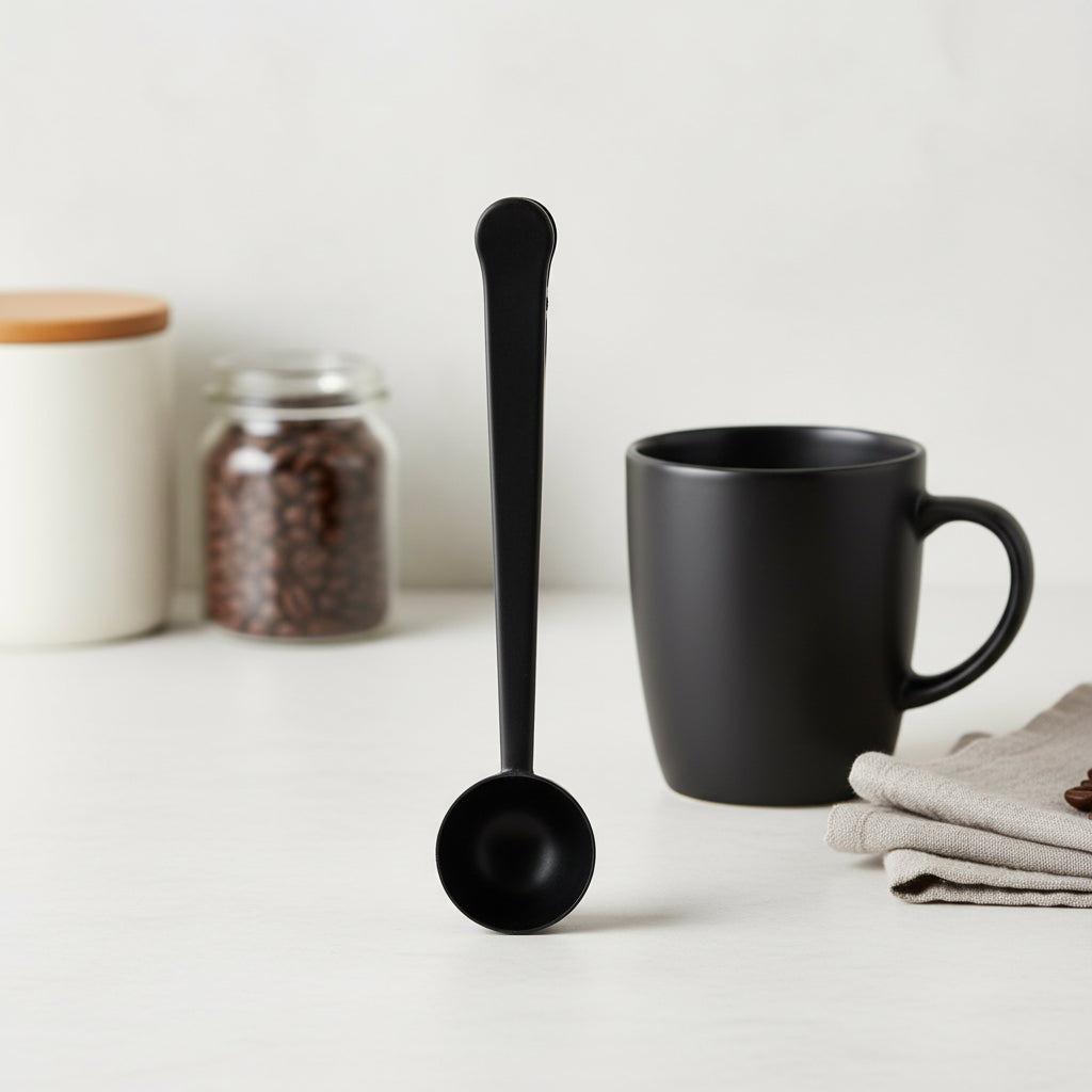 Black coffee measuring spoon with mug and beans on countertop