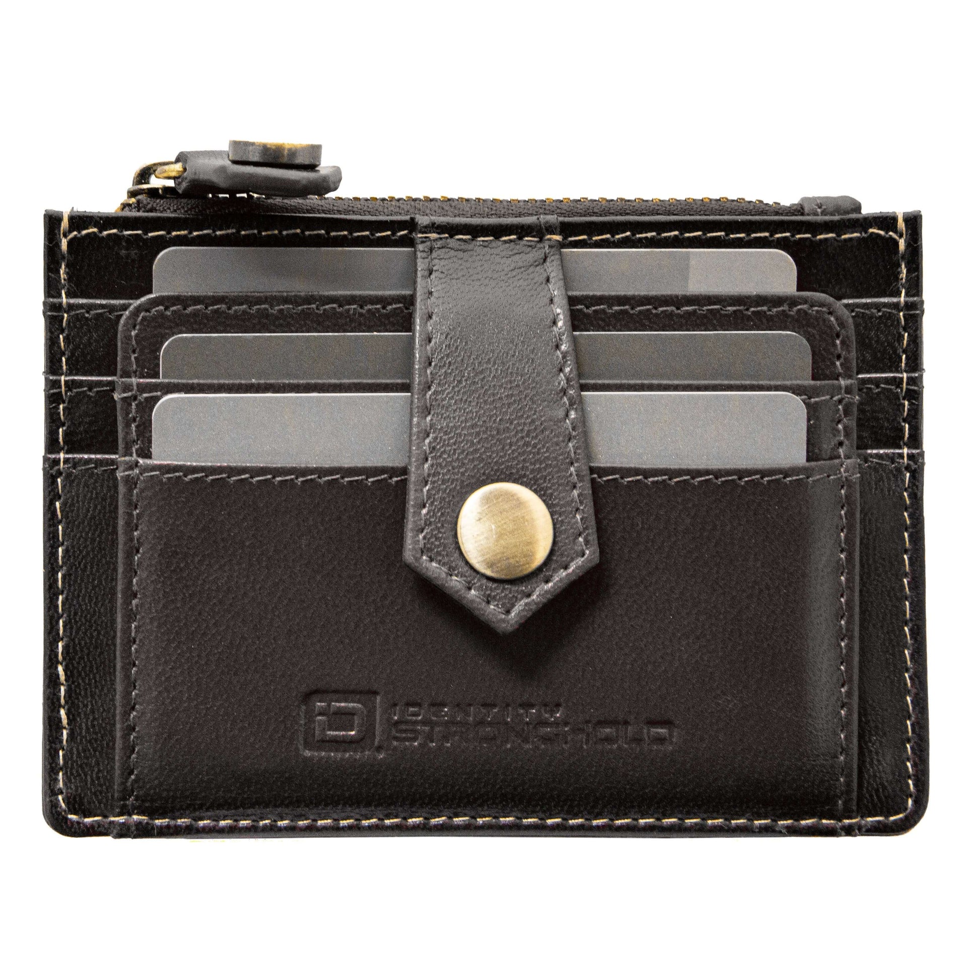 Black RFID blocking leather money clip mini wallet with zipper pocket, card slots, ID window, and slim front pocket design