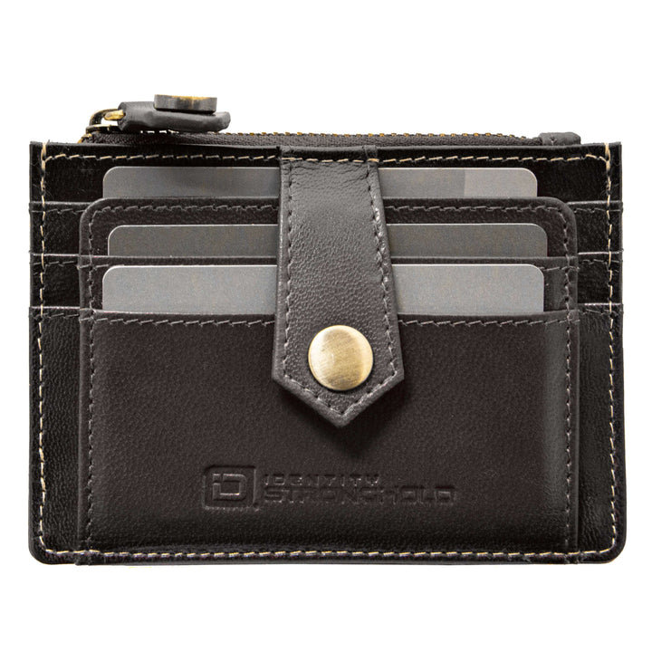 Black RFID blocking leather money clip mini wallet with zipper pocket, card slots, ID window, and slim front pocket design