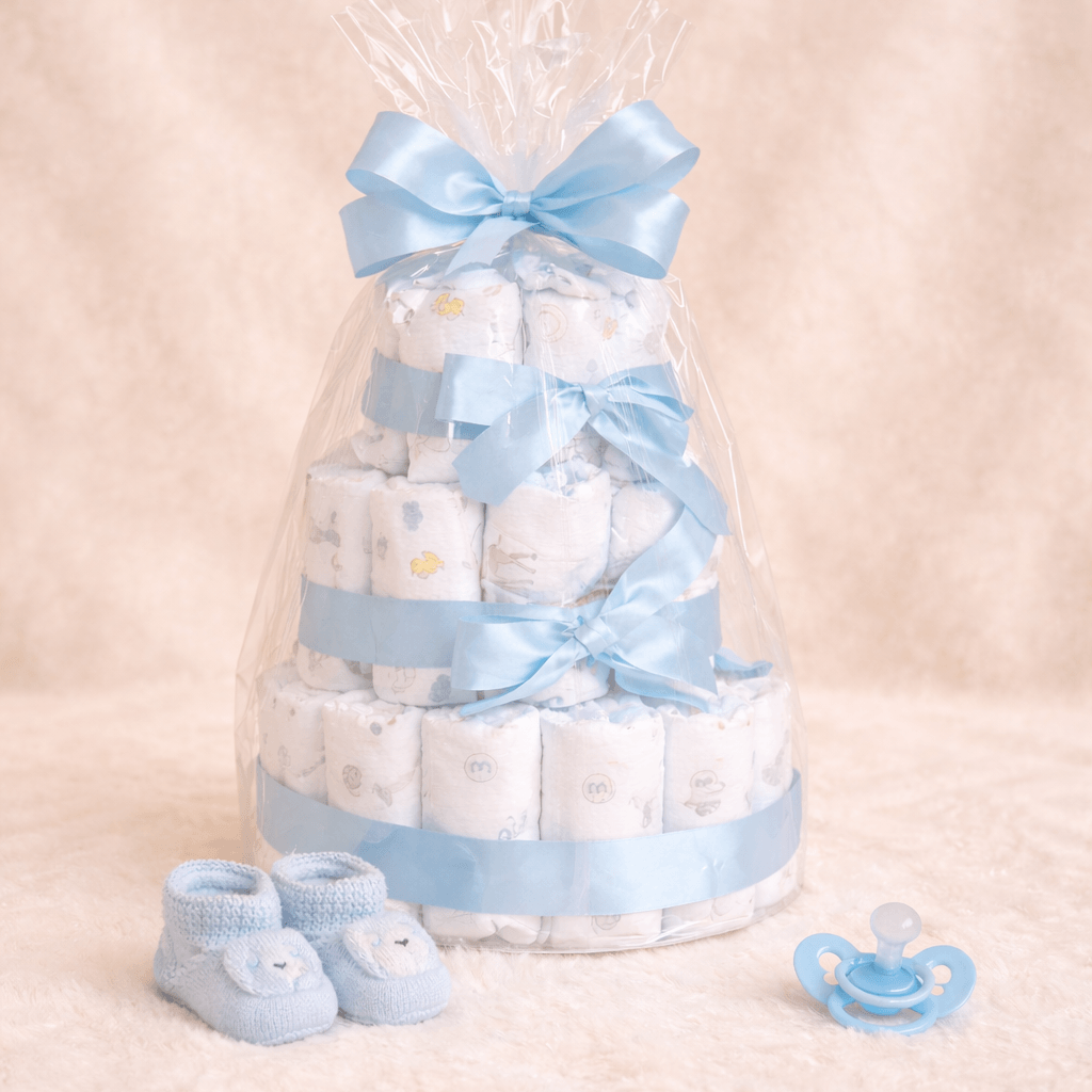 Diaper cake with blue ribbons and baby shoes and pacifier on a beige background