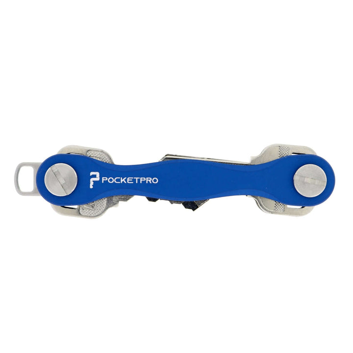 Blue PocketPro Edge slim aluminum key organizer holding multiple keys in compact quiet pocket-friendly design