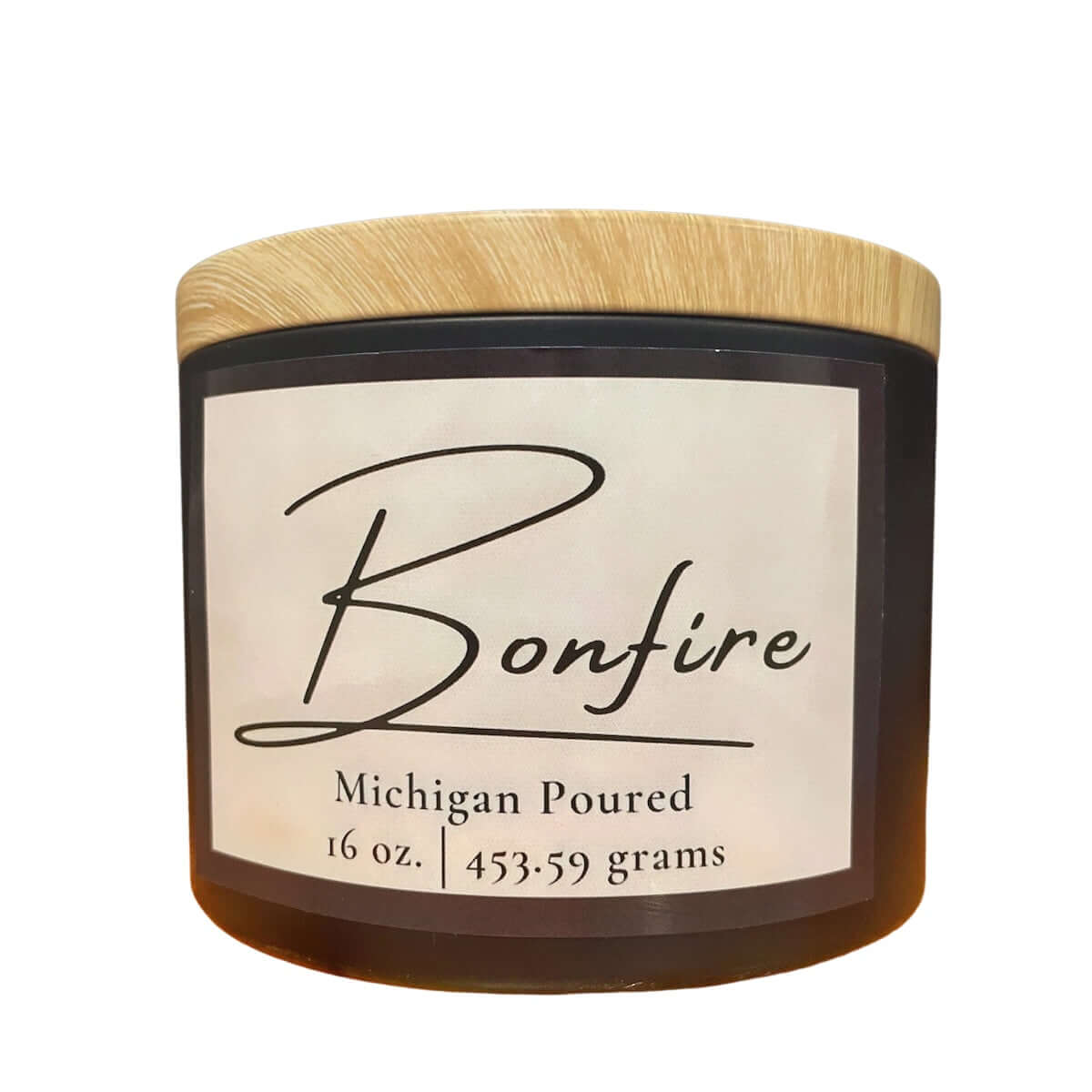 Candle jar labeled 'Bonfire' with a wooden lid on a white background